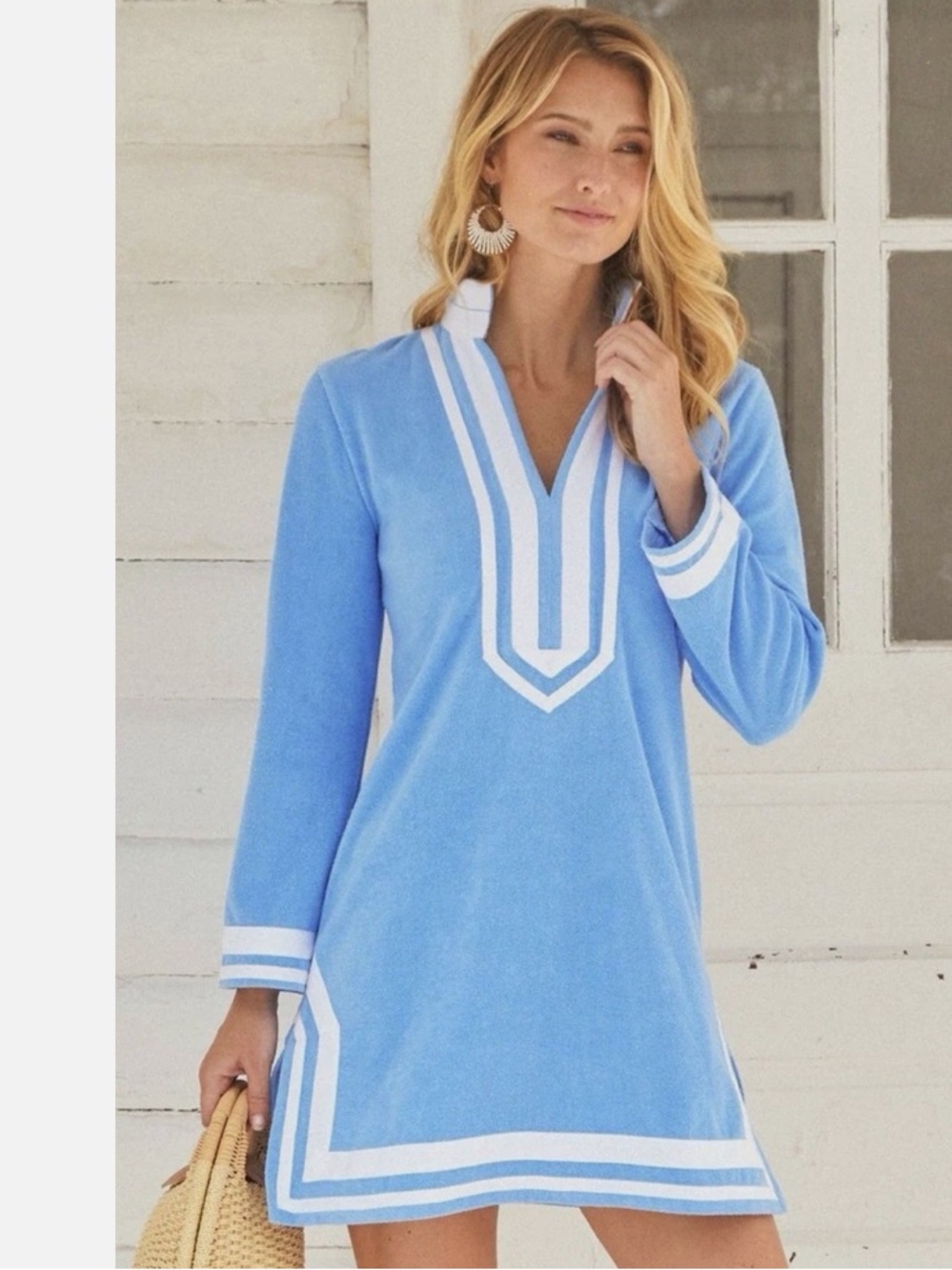 NWT Cabana Life Light Blue Tunic Dress with White Trim